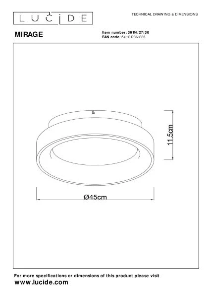 Lucide MIRAGE - Deckenleuchte - Ø 45 cm - LED Dim. - 1x33W 2700K - Schwarz - technisch